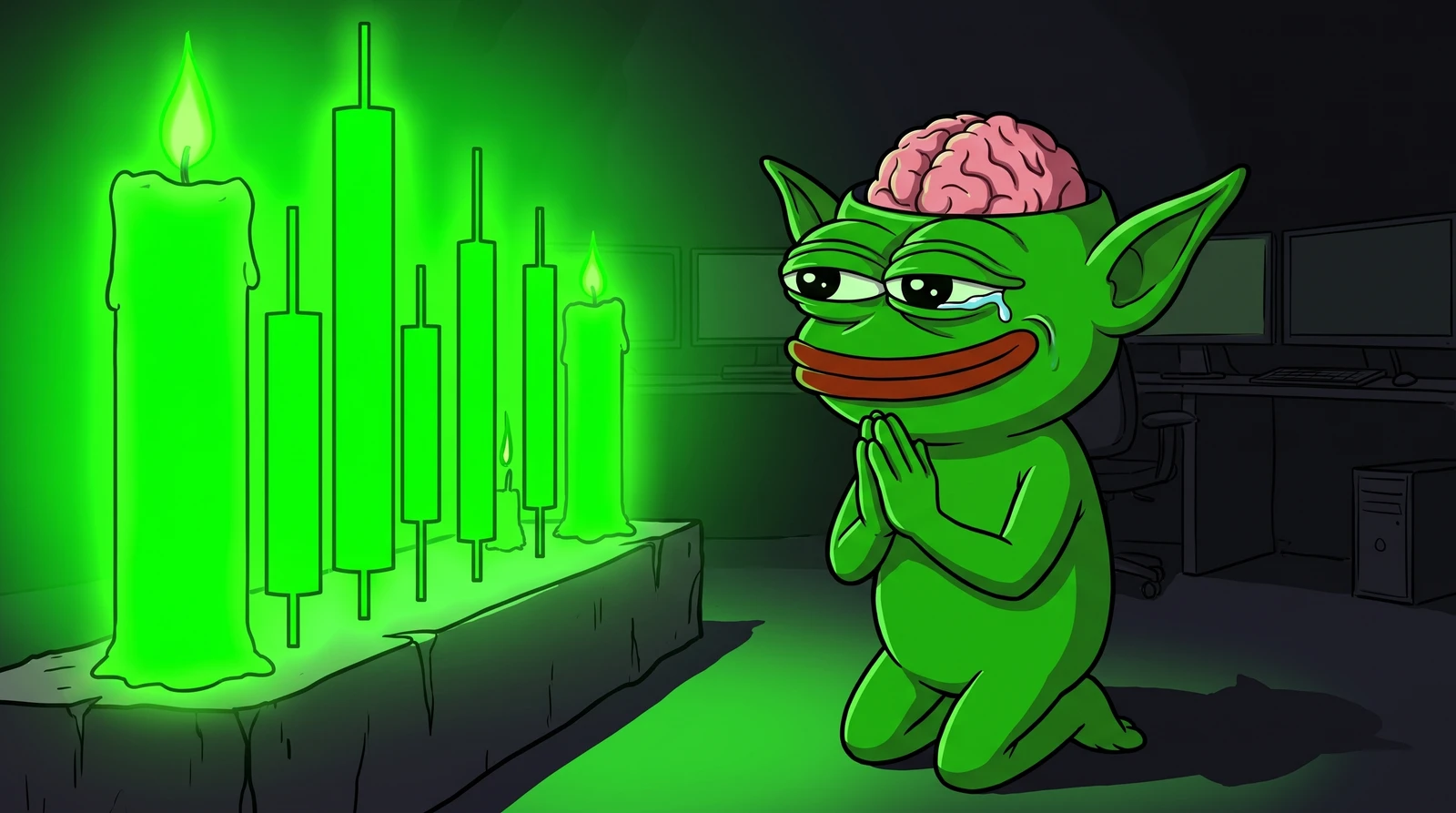 Mind Goblin praying to green candles
