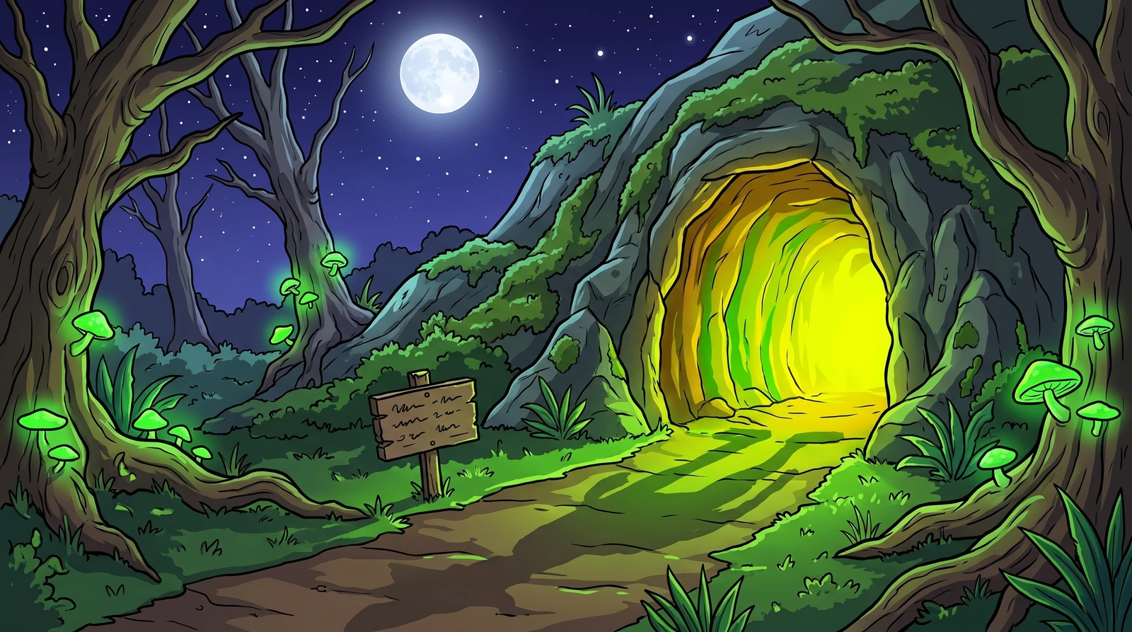 The cave mouth at night, glowing green